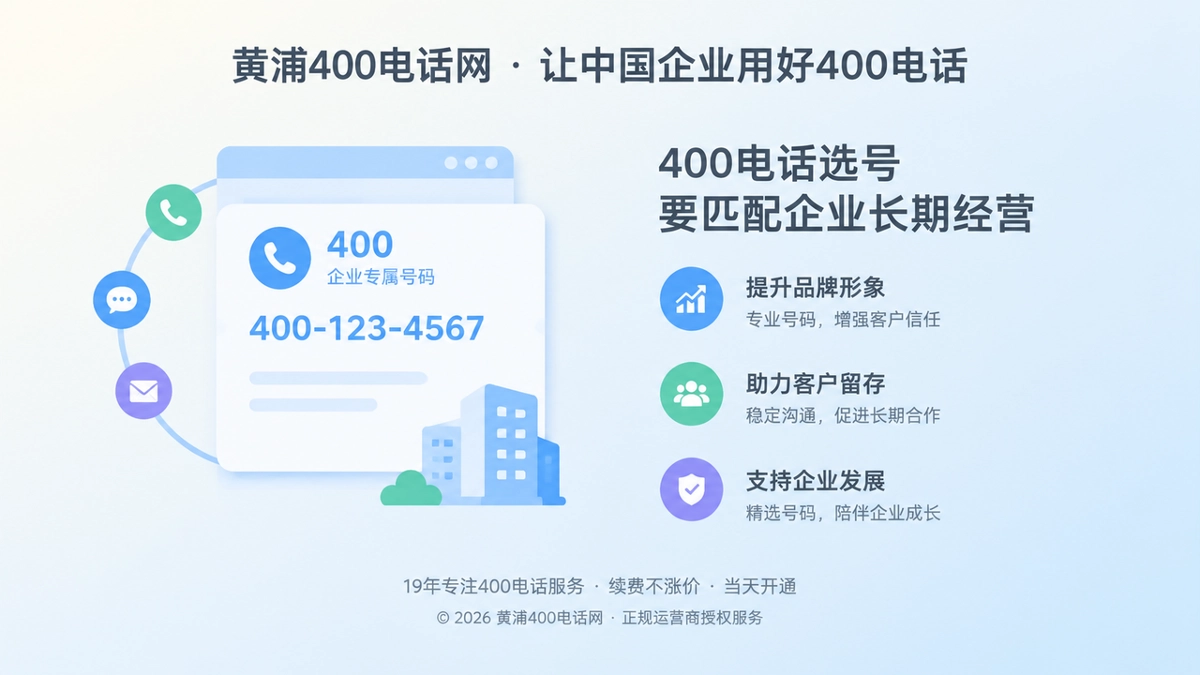 400电话选号指南首图，左图右文展示企业通信入口与长期经营